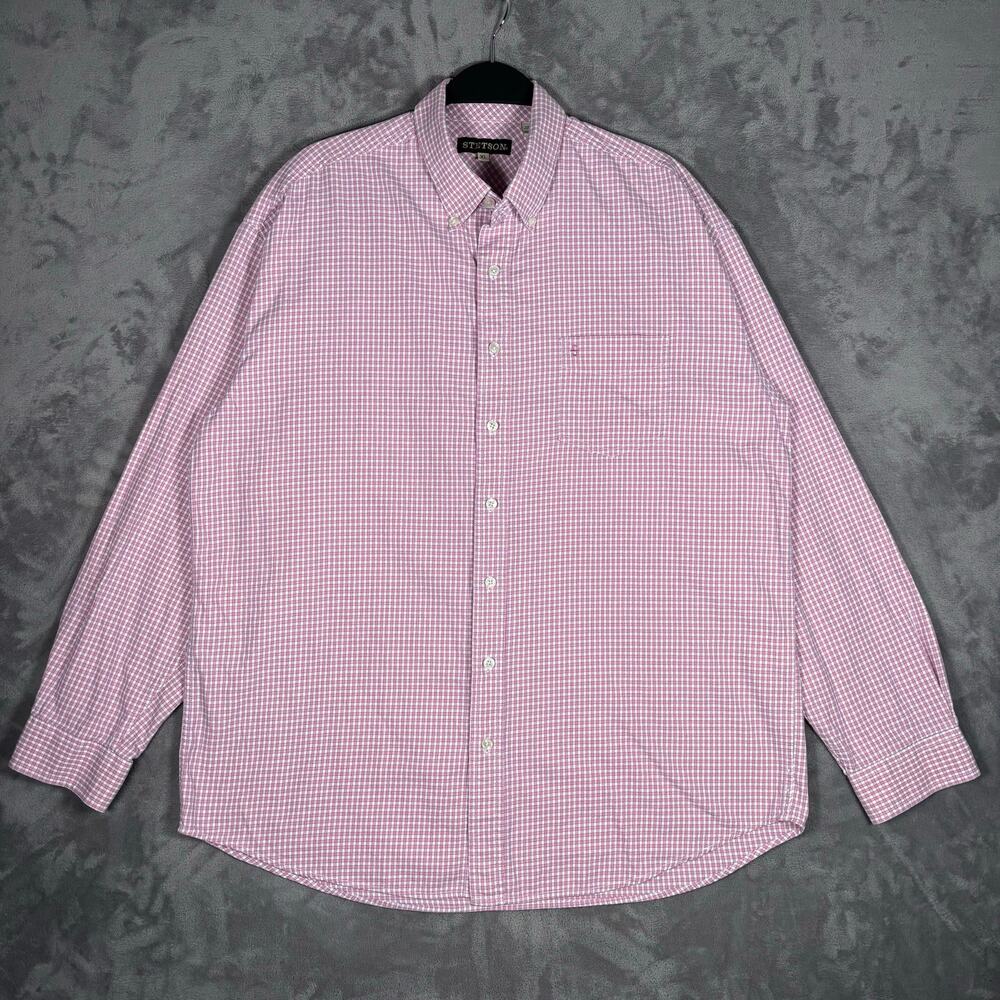 Stetson Men’s Pink White Gingham Cotton Button Down Shirt XL Western Casual